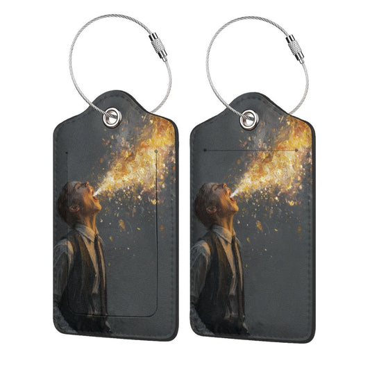 Fantasy Gold - Spitting Art Stainless Steel Leather Luggage Tag, Travel Bag Anti - loss Identification Tag (2.9in×4.6in/7.3cm×11.6cm, Set of 2)