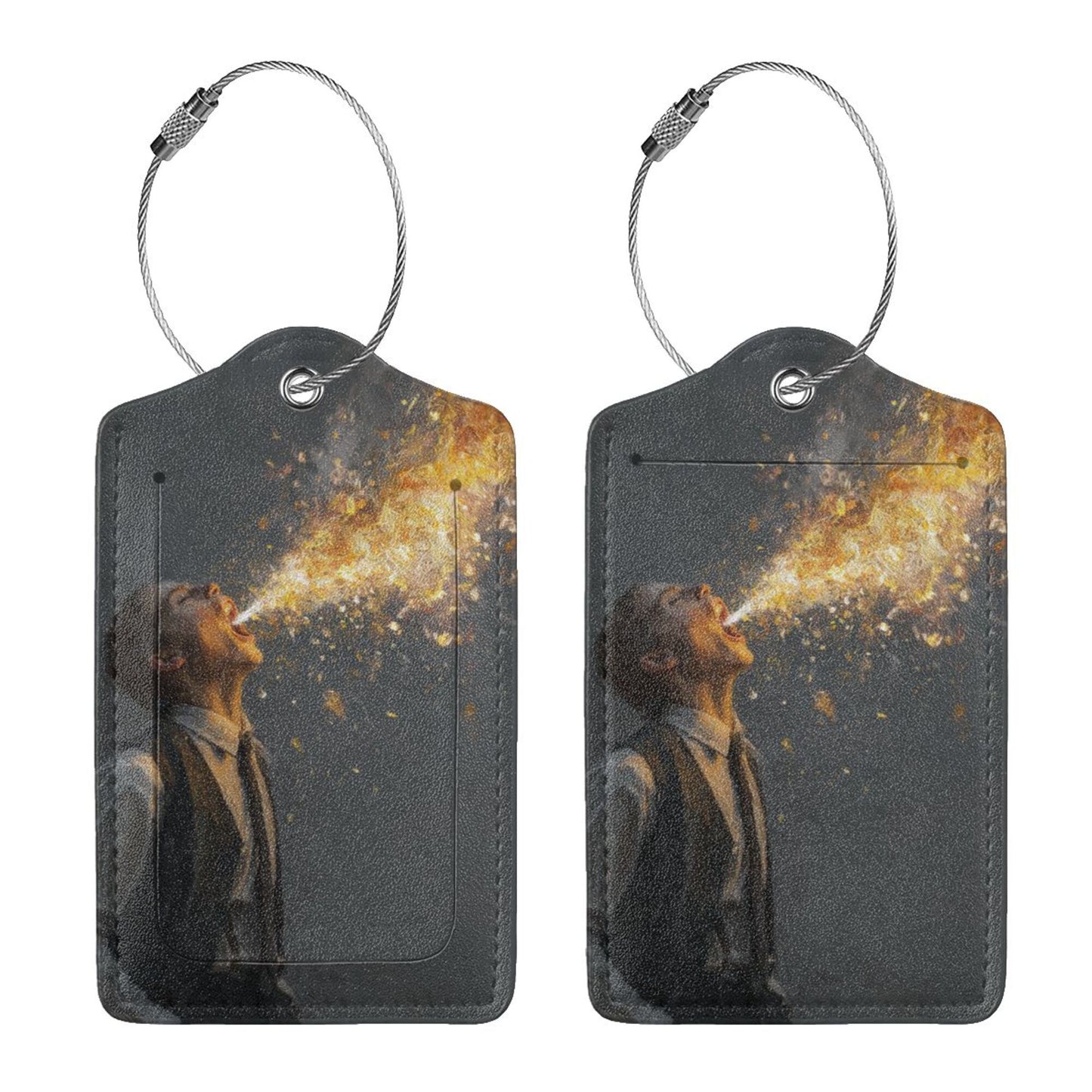 Fantasy Gold - Spitting Art Stainless Steel Leather Luggage Tag, Travel Bag Anti - loss Identification Tag (2.9in×4.6in/7.3cm×11.6cm, Set of 2)