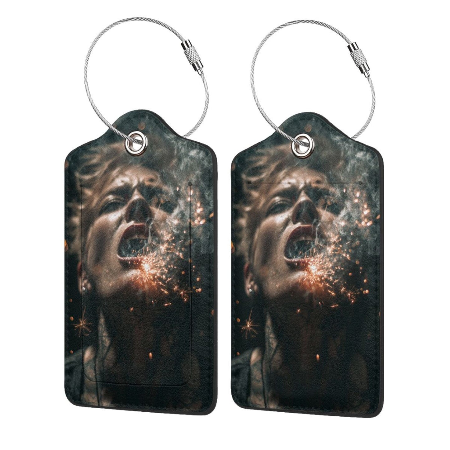 Edgy Spark - Spitting Art Stainless Steel Leather Luggage Tags (2 - Pack, 2.9in×4.6in/7.3cm×11.6cm)