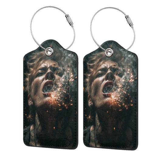 Edgy Spark - Spitting Art Stainless Steel Leather Luggage Tags (2 - Pack, 2.9in×4.6in/7.3cm×11.6cm)