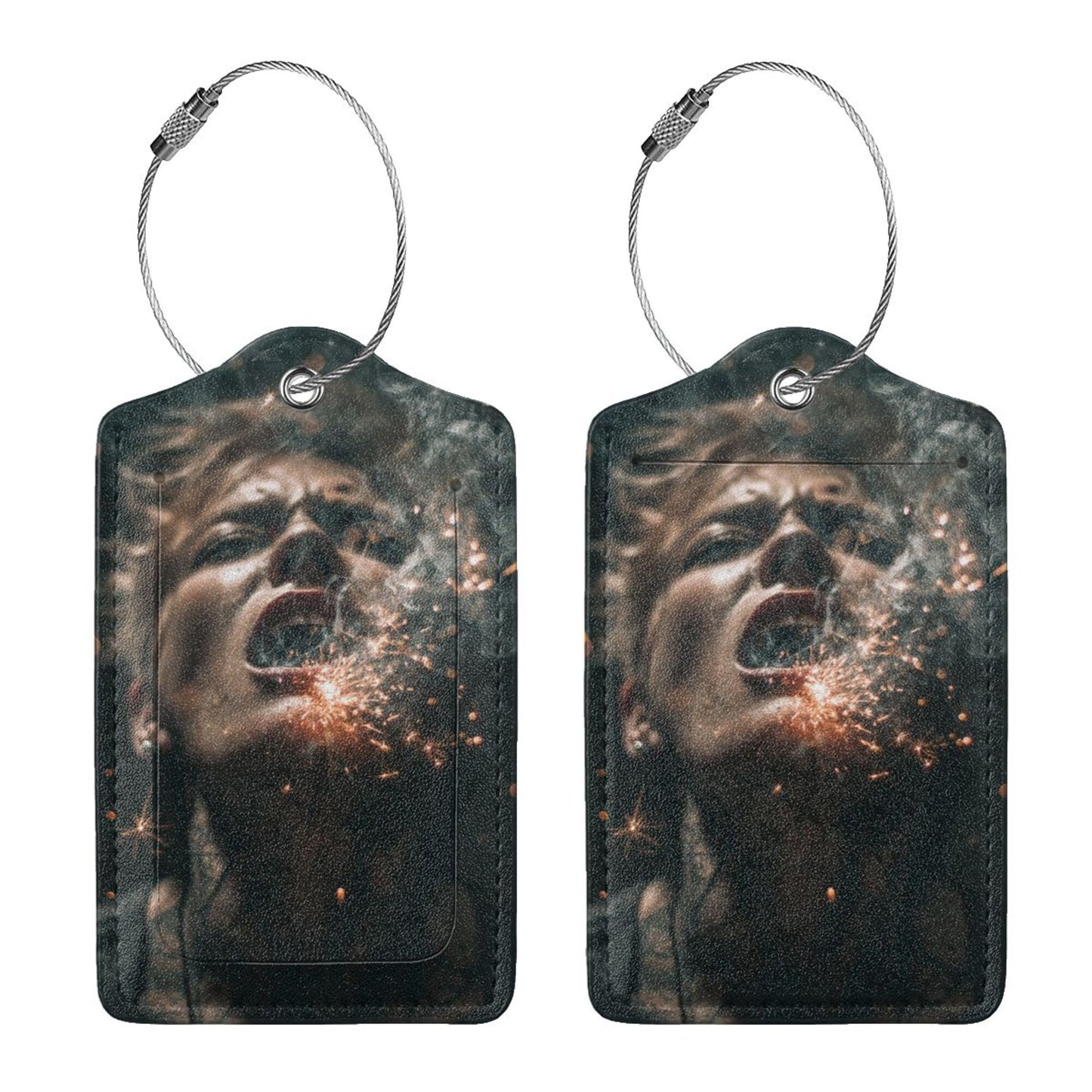 Edgy Spark - Spitting Art Stainless Steel Leather Luggage Tags (2 - Pack, 2.9in×4.6in/7.3cm×11.6cm)
