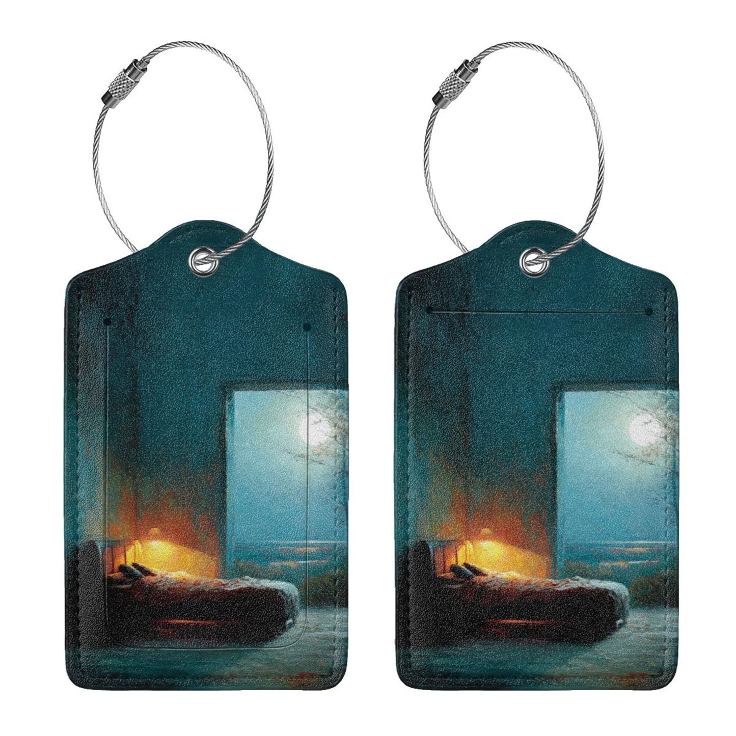 Nightscape Oil Painting Stainless Steel Leather Luggage Tags (2 - Pack, 2.9in×4.6in/7.3cm×11.6cm)