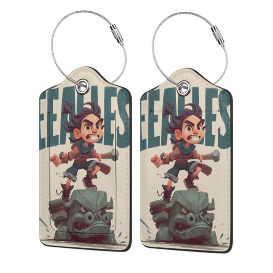 Cartoon Warrior - Patterned Stainless Steel Leather Luggage Tags (2 - Pack, 2.9in×4.6in/7.3cm×11.6cm)