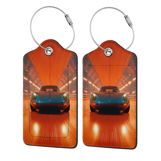 Vintage Sports Car Tunnel - Themed Stainless Steel Leather Luggage Tags (2 - Pack, 2.9in×4.6in/7.3cm×11.6cm)
