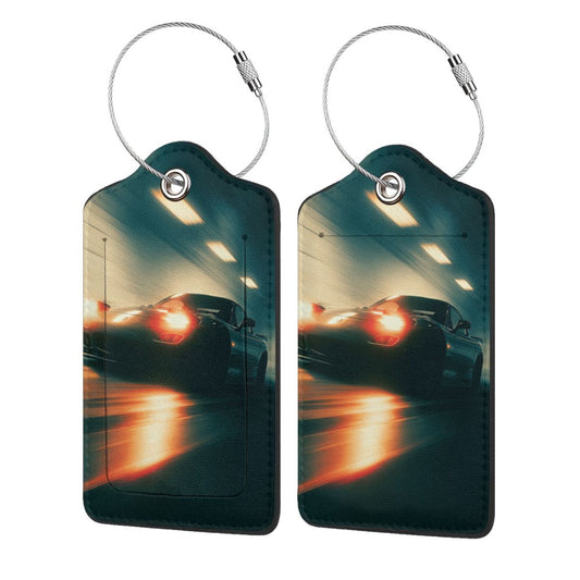 Speed & Passion Tunnel Sports Car Stainless Steel Leather Luggage Tags (2 - Pack, 2.9in×4.6in/7.3cm×11.6cm)